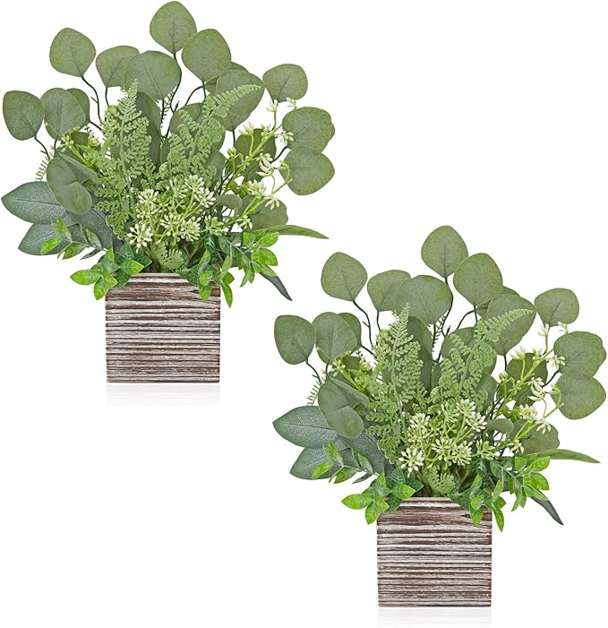 Hollyone 2Pcs Artificial Eucalyptus Plant in Rustic Wood Planter 14" Faux Eucalyptus Fern Greenery Arrangement Potted Plant Centerpiece for Farmhouse Home Indoor Wedding Table Shelf Kitchen Decor