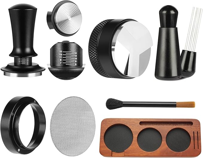 7 PCS Espresso Accessories,Espresso Tamper Tools,WDT Tool Espresso Machine Accessories Kit,Coffee Tamper with Wood Espresso Tamping Station,Distributor,Stirrer,Dosing Funnel,Brush,Puck Screen (54mm)