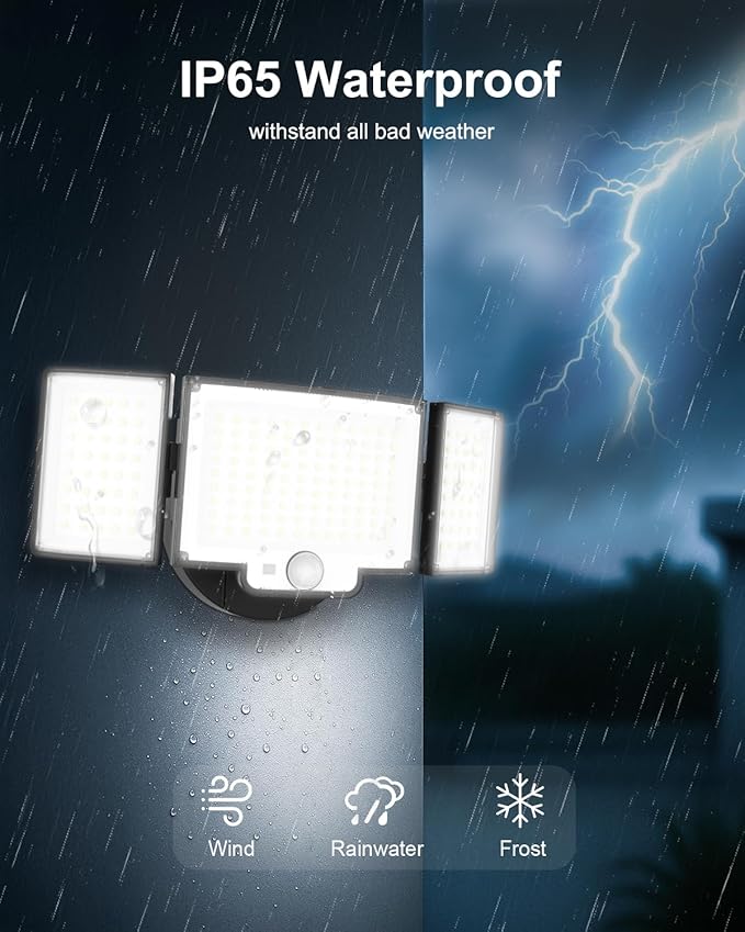Motion Sensor Outdoor Light, 188 LED 4200LM Flood Lights Outdoor, 6500K Daylight, 3 Modes with Remote Control, IP65 Waterproof, Adjustable Heads, Hardwired 120V for Garage, Yard, Porch, 1 Pack Black