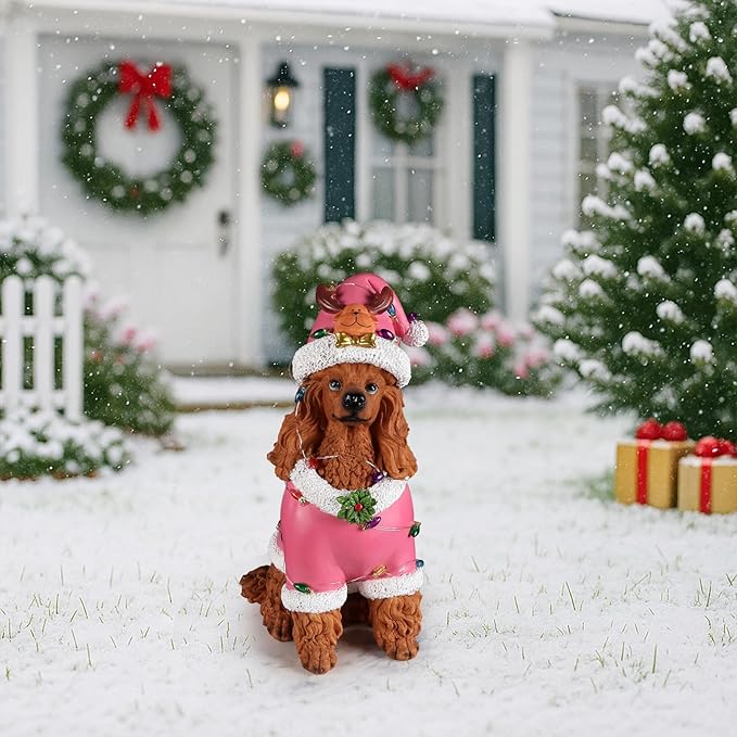 Christmas Decorations Outdoor Dog Statue, Resin Poodle Dog Sculpture with Pink Christmas Santa Outfit & Lights, Battery Operated Indoor Holiday Décor Gift for mom
