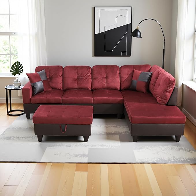 Couches for Living Room Modern L Shaped Couch Comfy Flannel Fabric 3 Pieces Sectional Sofa with Chaise, Ottoman with Storage for Office and Small Apartment, Red