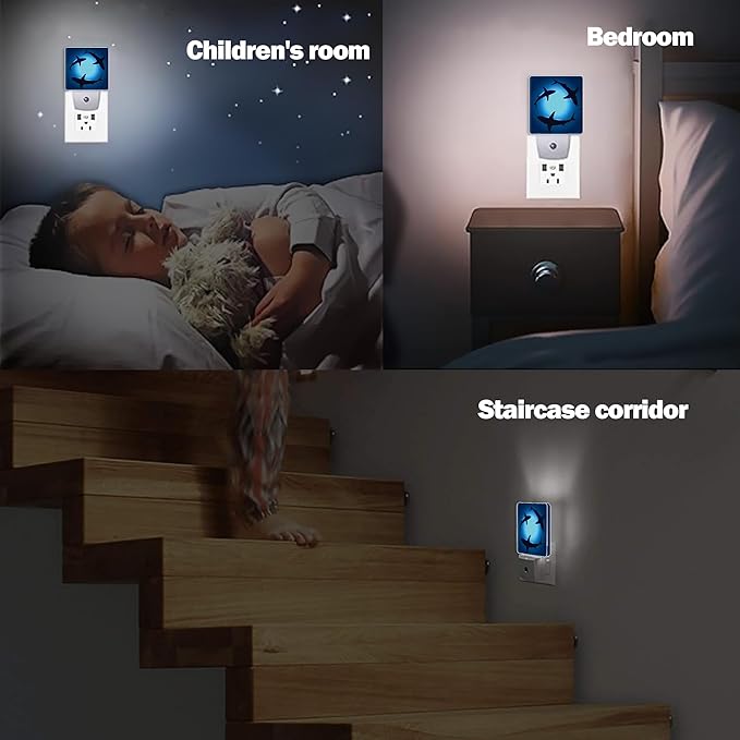 Floating Sharks Night Light, Sea Night Lights Plug into Wall Decor for Bedroom, Bathroom, Hallway, Kitchen, Dusk to Dawn Sensor Nightlights for Boys Girls Women Men Room Gifts