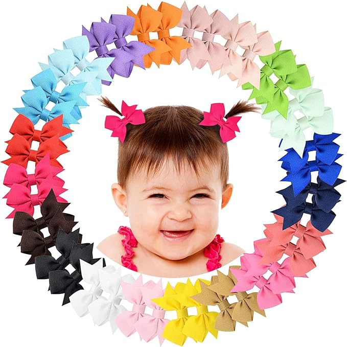 2" Baby Hair Clips Fully Lined Bows Tiny Alligator Clips for Infants and Toddlers in Pairs