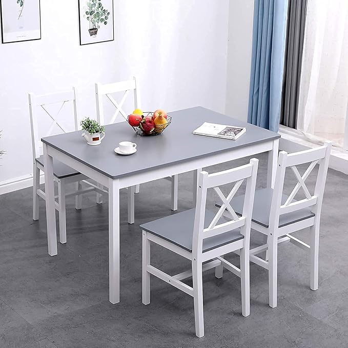soges Dining Table Set for 4, 42.5 inch Pine Wood Dining Room Table with 4 Chairs, 5-Piece Kitchen Table Chairs Set for Small Space, Apartment, Dinette, Breakfast, White and Grey