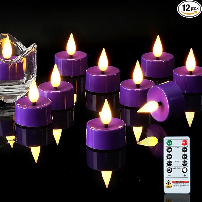 Amagic Flameless Purple Timer Remote Tealights Candles, 3D Black Wick Flickering Tea Light, 300+Hour Colored Votive Candles Battery Operated, Set of 12 for Party, Wedding Table, Halloween, Mardi Gras