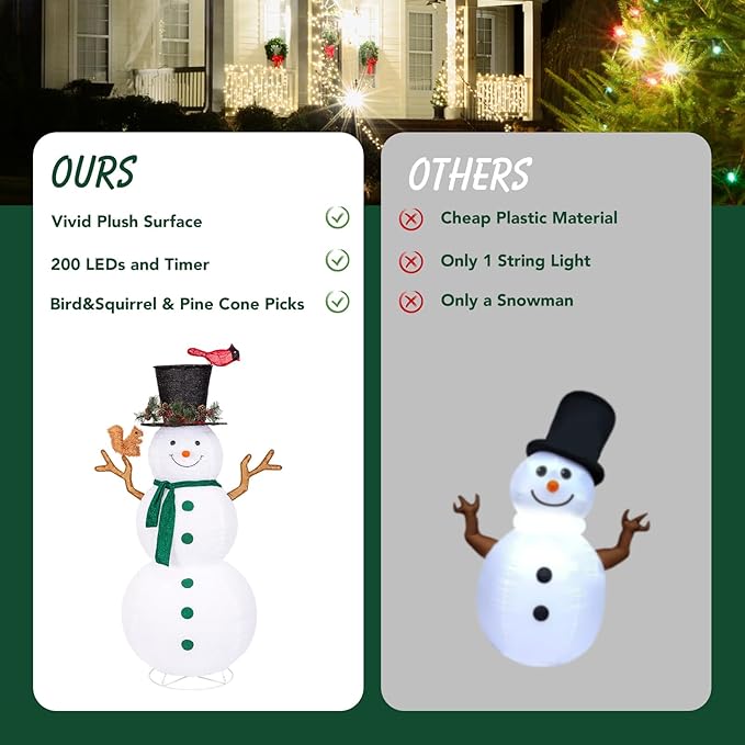 NALONE 6 FT Christmas Lighted Snowman with 200 LED Lights & Timer, Collapsible Snowman Christmas Decorations Outdoor Yard Home, Fluffy Snowman with Bird & Squirrel(6FT)