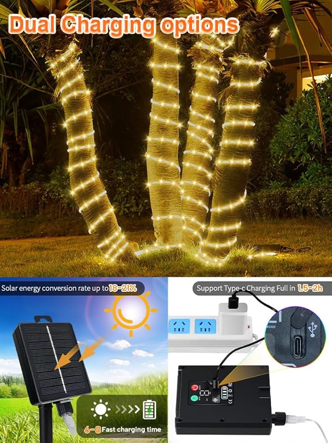 Larger Tube Solar Rope Lights 200LEDs Waterproof,Rechargeable Battery,Dual Charging,39FT Outdoor String Light,Remote-Control,for Pathway Patio Garden Palm Tree Christmas (Brighter - Warm White)