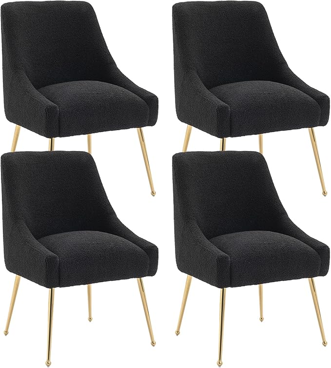 Dining Chairs Medieval Modern Restaurant Chairs, Soft Cushions, Teddy Velvet, Polished Gold Metal Legs, Kitchen Chairs, Living Room Black 4-Piece Set