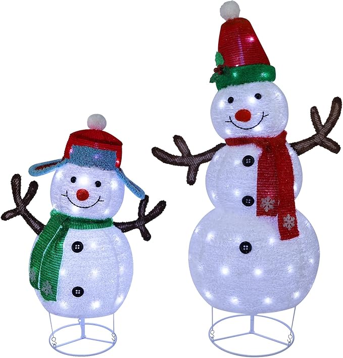 Hausse Set of 2 Lighted Christmas Snowman Decorations, 3.6+2.6FT Outdoor Pre-Lit White Snowmen with Lights, Light Up Collapsible Xmas Yard Display, Plug in for Holiday New Year Winter Garden Yard