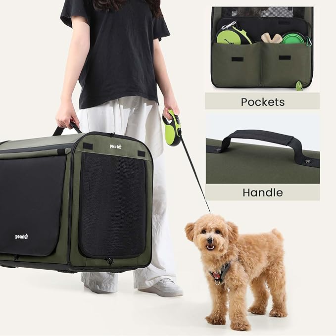Dog Car Carrier Light Weight 24×17.7×20.5in, Dog Carrier Easy to Assemble, Dog Car Crate Portable and Breathable, Foldable Pet Carrier for Indoor and Outdoor, Dog Travel Crate with Curtain Green