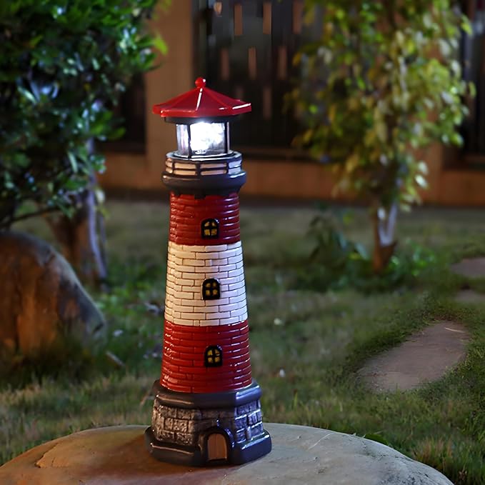 Garden Outdoor Statues, Waterproof Lighthouse Lights Lawn Decor; Automatic Rotating Solar Lights for Yard, Patio, Ground, Tabletop Decoration; Unique Housewarming Gifts - Red