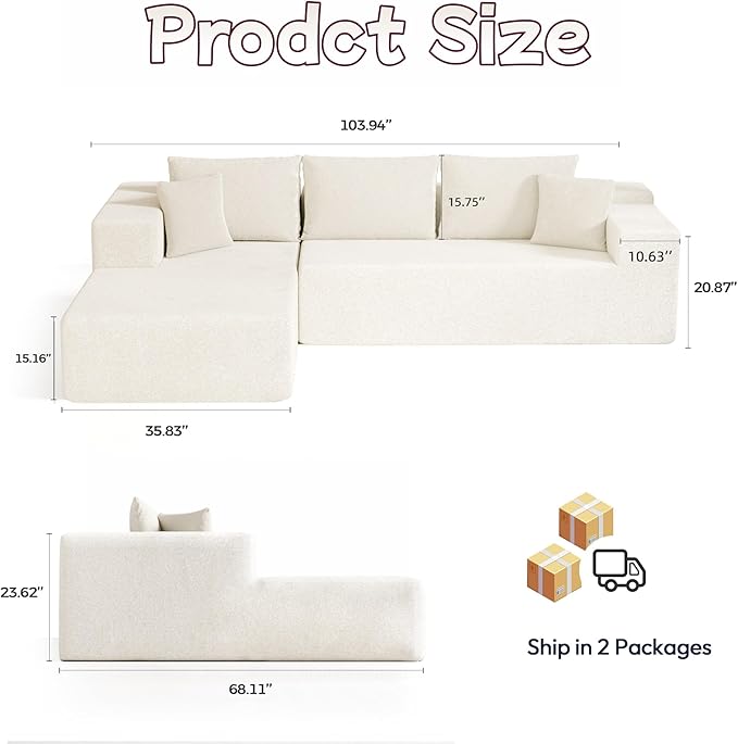 Cloud Sectional Couch, 104”L-Shape Oversized Sofa with Right Chaise Lounge, Modular Sleeper Couch with Pillows & Deep Seat, Rain Drop Velvet Fabric Compressed Sofa for Living Room, Beige