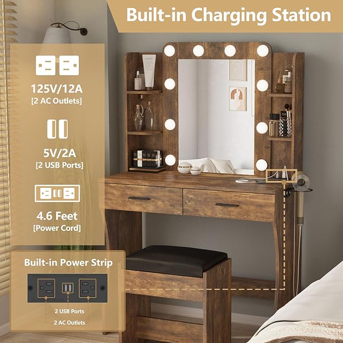 Vabches Vanity Desk with Lights,Makeup Vanity with Power Strip,Dressing Table Set with 2 Large Drawers,Vanity Mirror 3 Lighting Color Adjustable,Rustic Brown