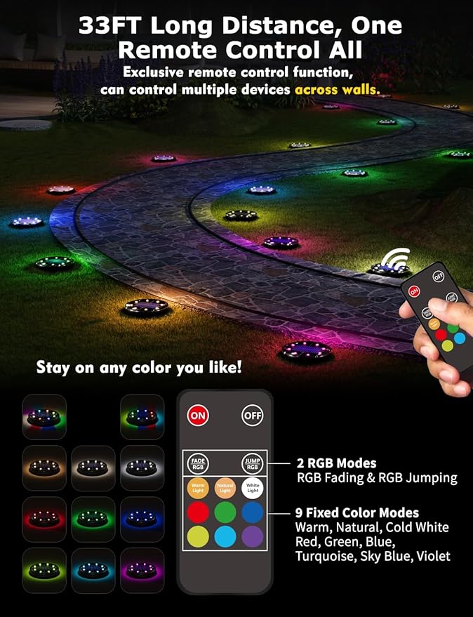 Color Changing Solar Ground Lights with 33ft Long Distance Remote Control - Flat Solar Lights Outdoor Waterproof - Pathway Lights Solar Powered for Yard Decorative Outside Lawn Walkway [10 Pack]