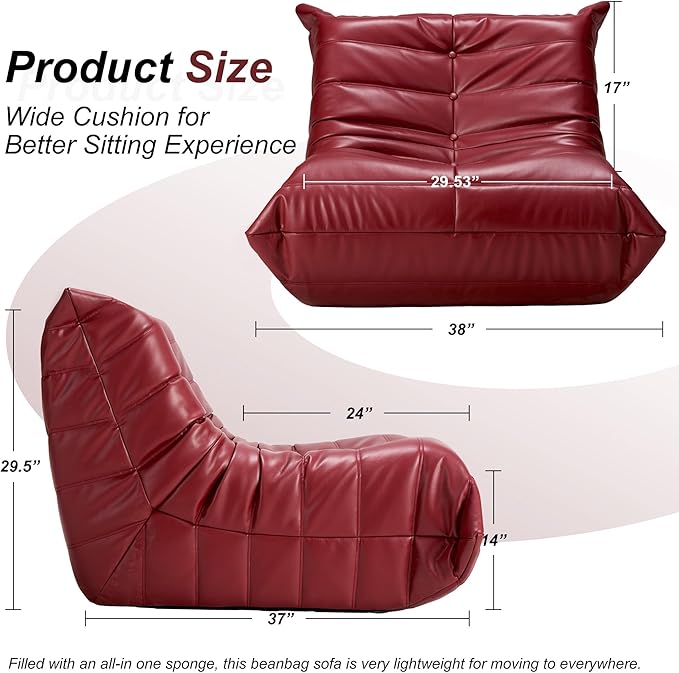 Hobestluk Giant Bean Bag Chair Lazy Floor Sofa, Memory Foam Fireside Sofa for Adults, Big Beanbag Faux Leather Armless Chair for Living Room Bedroom Dorm Office (WineRed, Single)