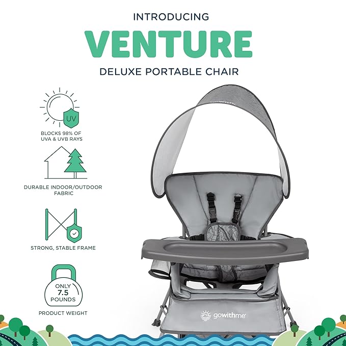 Baby Delight Go with Me Venture Portable Chair | Indoor and Outdoor | Sun Canopy | 3 Child Growth Stages | Elephant Grey