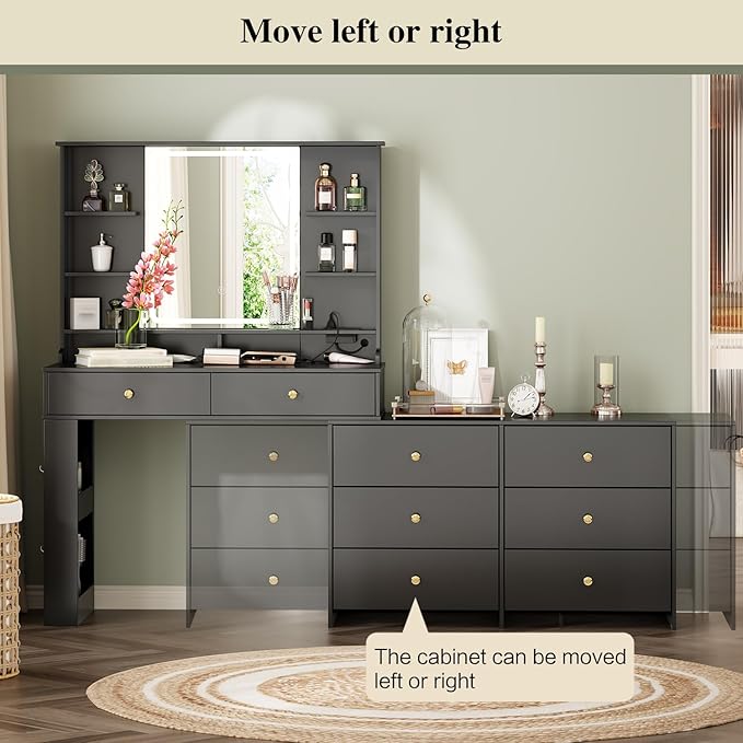 Large Makeup Vanity Desk with Mirror and Lights, Vanity Desk with 8 Drawers & Storage Shelves, Vanity Table with Power Outlet, 3 Color Modes & Adjustable Brightness Dressing Table, Bedroom,Black