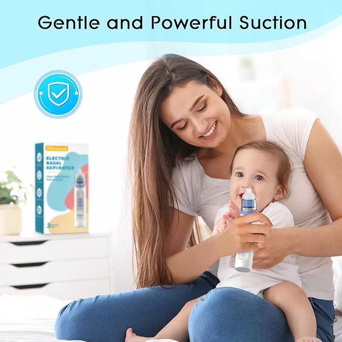 Electric Nasal Aspirator for Baby, Nose Aspirator for Toddlers, Rechargeable Baby Nose Sucker, Nose Cleaner with 3 Silicone Tips, 5 Suction Levels, Music and Light Soothing Function，Blue