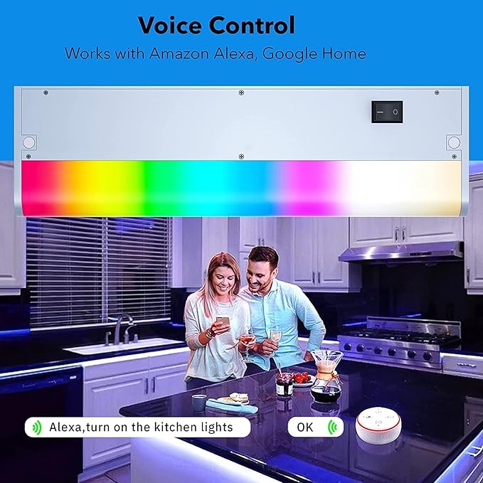 Smart Under Cabinet Lights for Kitchen Counter or Closet Lighting, Hardwired or Plug in, 2700-6500K Adjustable RGB Color Changing,Compatible with Alexa, Google 2-Pack (2-Bar 9 Inch)