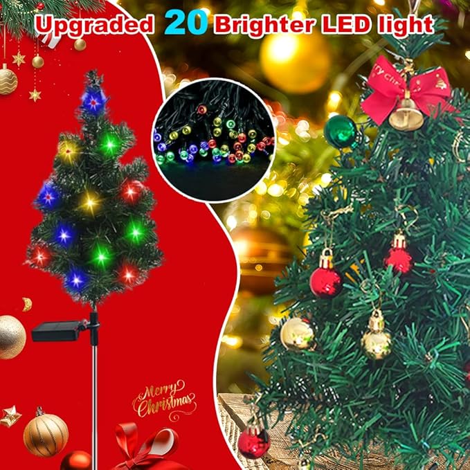 Solar Christmas Tree Lights Holiday Decorations, Outdoor Christmas Tree Waterproof Solar Xmas Garden Stake Lights, Prelit Xmas Trees for Outside Holiday Display Yard (Light+Bow, 1 Pc)