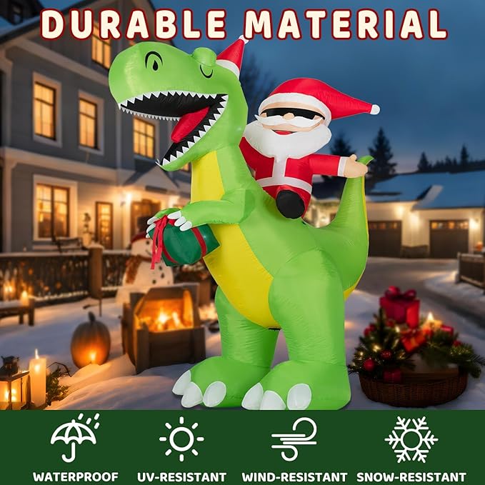 ININ 8FT Christmas Inflatables Santa Claus Riding Dinosaur Decorations Outdoor,Christmas Blow Up Santa Claus Yard Decorations Built-in LED Lights,Holiday Party Decor,for Yard/Lawn/Garden.