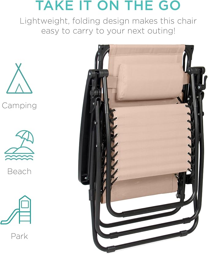 Best Choice Products Folding Zero Gravity Outdoor Recliner Patio Lounge Chair w/Adjustable Canopy Shade, Headrest, Side Accessory Tray, Textilene Mesh - Sand