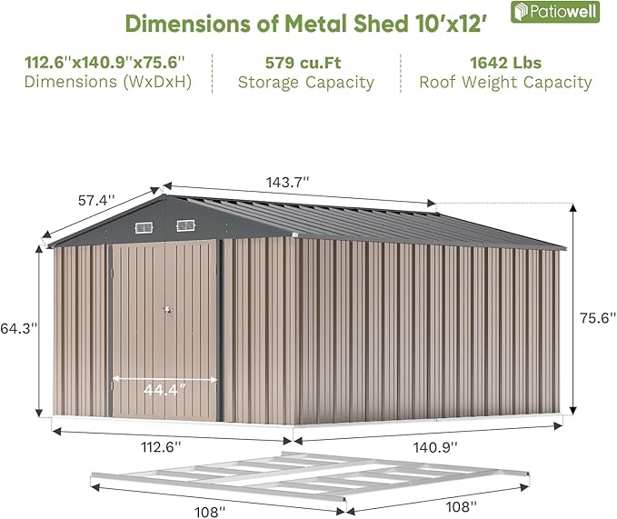 Patiowell 10 x 12 FT Metal Storage Shed for Outdoor with Floor Frame, Steel Yard Shed with Design of Lockable Doors, Utility and Tool Storage for Garden, Backyard, Patio, Outside use,Brown