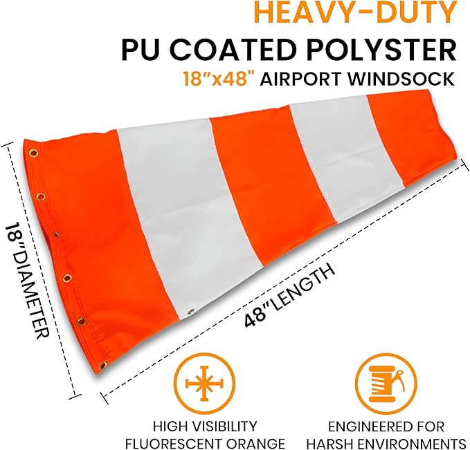 18"x48" Airport Windsock | Heavy Duty, All Weather, Waterproof, UV Fade Resistant, High Vis Fluorescent, Quad Stitched, Zip Ties Included, for Industrial, Ranch, and Agricultural Use | Orange & White