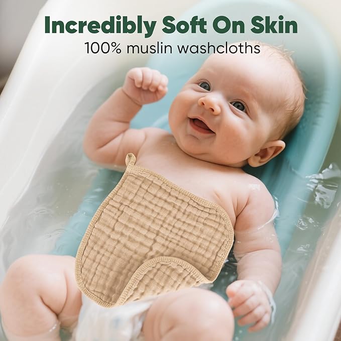 MIGIOL Baby Washcloths 100% Cotton Size is 12x12 inches. Lightweight, Portable, and Ideal for use at Home or on The go.(White & Coffee 6 Pieces)