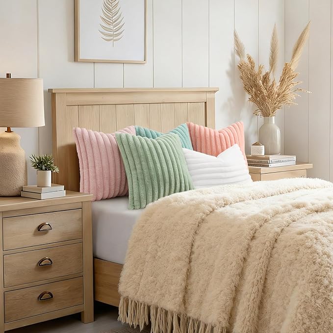 decorUhome Summer Cozy Faux Fur Throw Pillow Covers 24x24 Set of 2 Decorative Soft Plush Striped Modern Farmhouse Boho Couch Euro Sham Pillow Cases with Velvet Back for Sofa Bed Living Room, Aqua