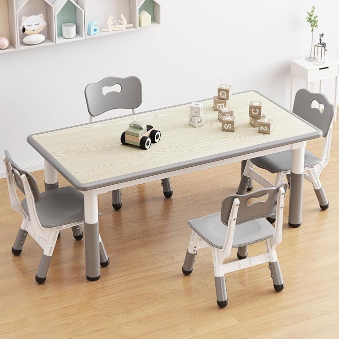 GarveeHome Kids Table and 4 Chairs Set, Height Adjustable Toddler Table and Chair Set for 4, Graffiti Desktop, Non-Slip Children Table for Home Daycare Preschool for Ages 2-8, Grey
