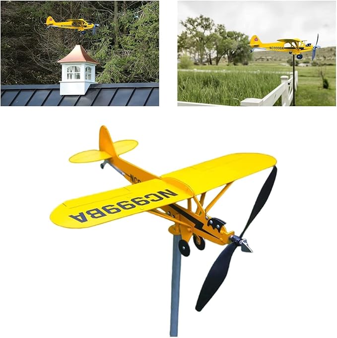 2023 New Piper J3 Cub Airplane Weathervane - Gifts for Flight Lovers, Airplane Weathervane Decoration, Handmade Weathervane Windmill, Easy to Install in The Garden, Patio, Roof Decoration (12.6×11in)