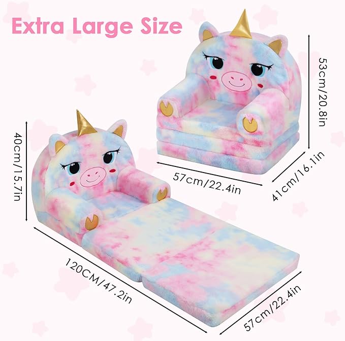Kids Couch Comfy Foldable Kids Sofa to Lounger 2 in 1 Toddler Chair Plush Baby Sleeper Chair for Playing and Napping, Birthday Gifts for Boys and Girls
