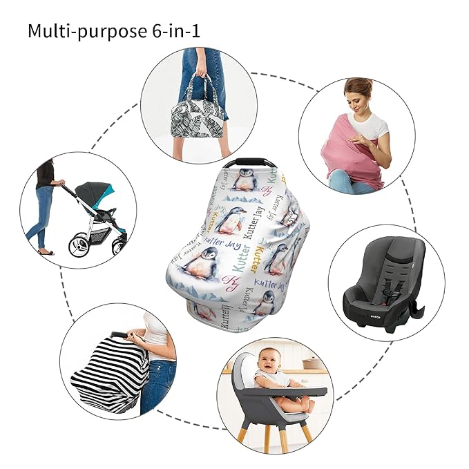 Personalized Penguin Baby Car Seat Cover with Name,Multi-Use Canopy for Nursing, Strollers,Shopping Carts,Customized Breastfeeding Cover, Full Privacy,Infant Stroller Cover