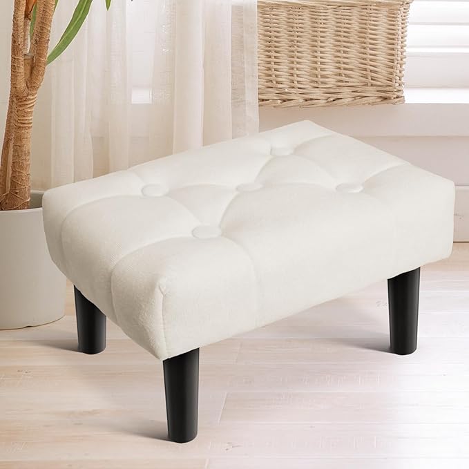 HOUCHICS Small Footstool Ottoman,Velvet Soft Footrest Ottoman with Wood Legs,Sofa Footrest Extra Seating for Living Room Entryway Office(White 1PACK)