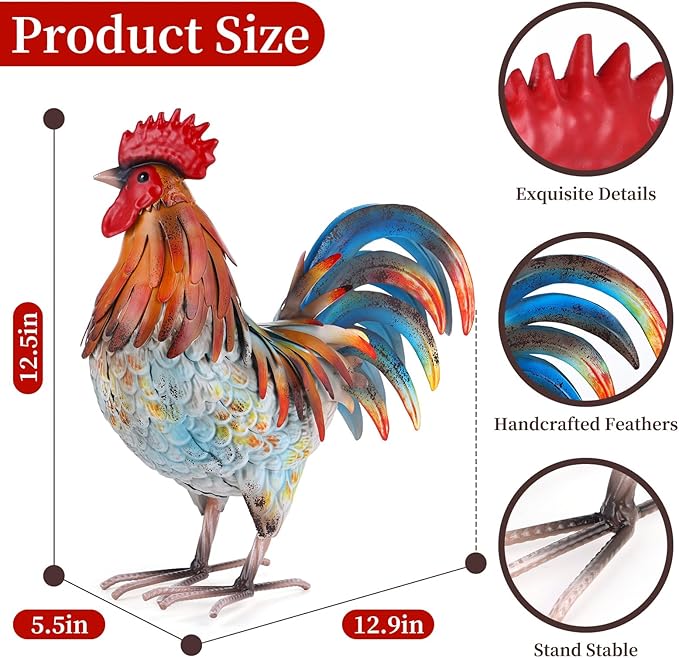 Metal Rooster Decor Garden Statue,Yard Chicken Decorations Outdoor Sculpture for Backyard Patio Kitchen Lawn Ornaments,Birthday Housewarming Gifts for Women Mom