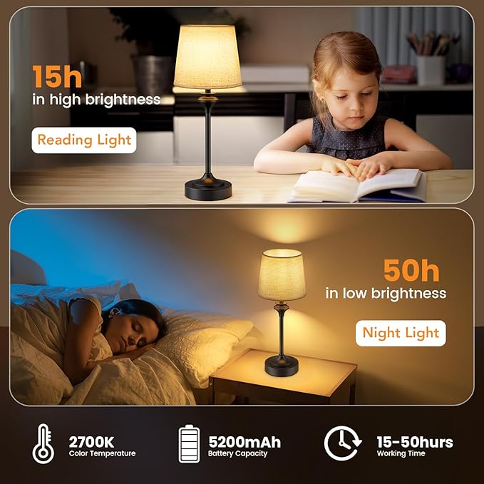 NIORSUN Portables Cordless Table Lamp,Flaxen Fabric Shade Battery Operated Lamp,5200mAh Bedside Table Lamp with Warm White,3 Way Dimmable Touch Desk Lamp for Bedroom Living Room Restaurant (Black)