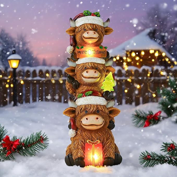 Christmas Highland Cow Decor with Solar Light Triple Highland Cow Christmas Decorations Gifts for Women Mom Funny Highland Cows Garden Statues for Garden Patio Lawn Yard Decor