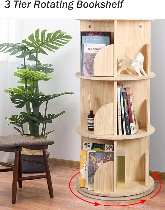 Rotating Bookshelf, 360 Display 3 Tier Floor Standing Bookcase Storage Rack for Kids&Adult, Wood Narrow Book Shelf Organizer for Bedroom, Living Room, Study Room