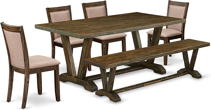 East West Furniture V777MZ716-6 6 Piece Dining Table Set Contains a Rectangle Dining Room Table with V-Legs and 4 Dark Khaki Linen Fabric Parson Chairs with a Bench, 40x72 Inch, Multi-Color