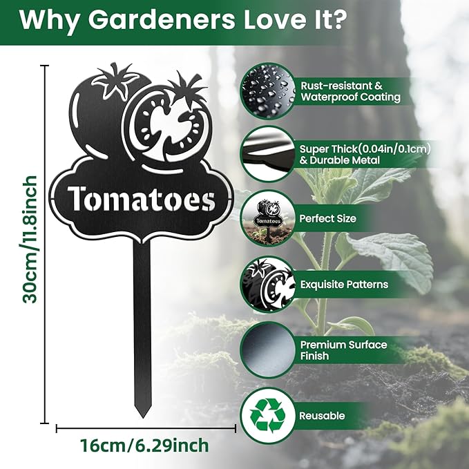 CUTHOLLOW Metal Plant Marker Stake Tomatoes for Outdoor Indoor, Waterproof 11.8 inch Cute Garden Plant Labels Sign Tag for Vegetables, Farmhouse Greenhouse Decor - Funny Gardening Gifts