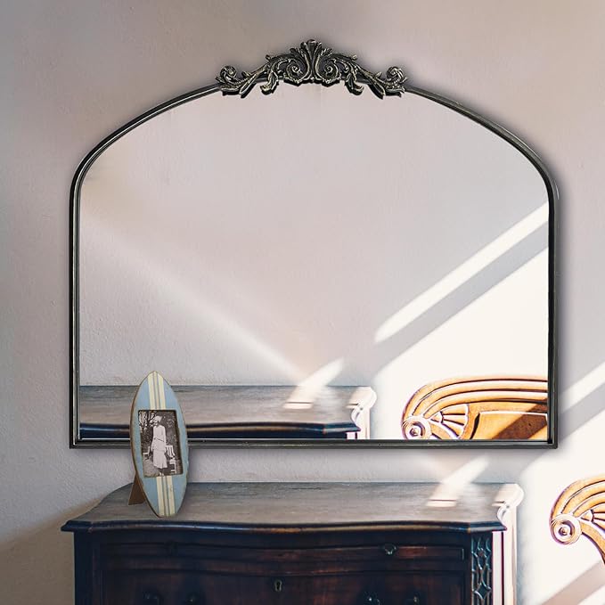 WAMIRRO Ornate Black Mirror,Vintage Arched Baroque Antique Mirorrs for Living Room Hallway Fireplace Bathroom Entryway 36"X30"