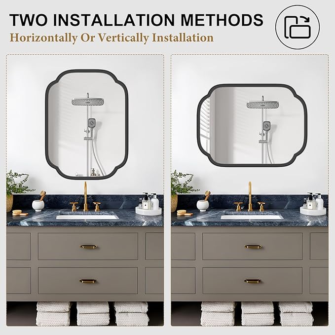 Black Bathroom Mirror for Wall, 18" x 24" Rectangular Wall Mirror for Bathroom Metal Frame Farmhouse Rounded Corner Wall Mirror (Horizontal/Vertical)
