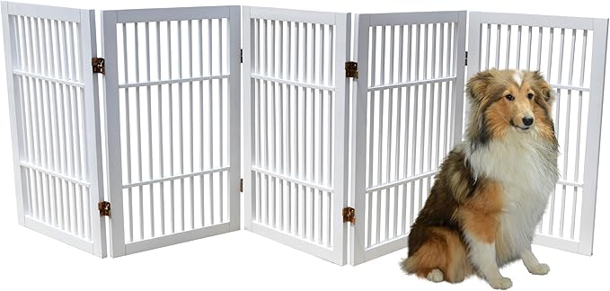 Pet Dog Gate Strong and Durable Freestanding Folding Acacia Hardwood Portable Wooden Fence Indoors or Outdoors by Urnporium (White Pet Gate, 5 Panel 30" Tall)