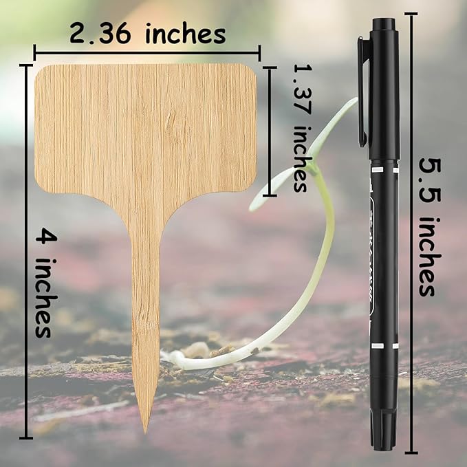 70Pcs Bamboo Plant Labels with 1 Marker Pen, T-Type Natural Seedling Nursery Sign Tags, Wood Garden Markers Decorative Patio Tags for Outdoor Indoor Potted Plants Herbs Flowers Vegetables