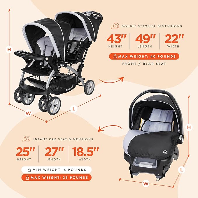 Baby Trend Infant and Toddler Double Stroller & Car Seat Combo, 2 Pc Set, Stormy - Portable and Lightweight Stroller Duo and Car Seat Travel System Tandem