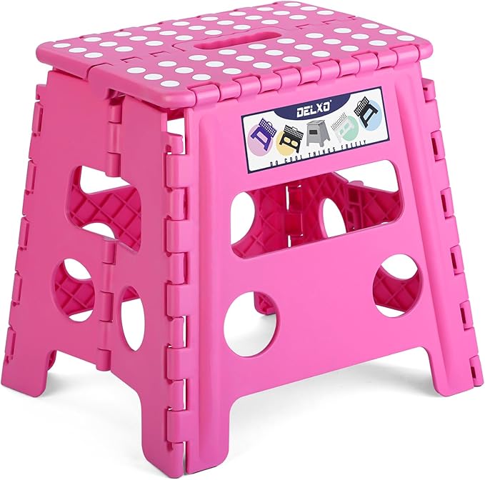 Delxo Folding Step Stool, 13 inch Non-Slip Foldable Stools for Kids & Adults Up to 300 LBS, Step Stool with Handle, Lightweight for Kitchen, Bathroom, Bedroom, Garden, Rose Pink, 1PC