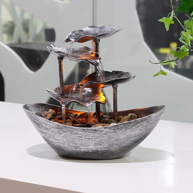 Meditation Decor, Desktop Lotus Leaf Yuanbao Flowing Water Fountain Decoration Living Room Screen Porch Home Decoration, LED Atmosphere Night Light,Office Home Decoralth (E)