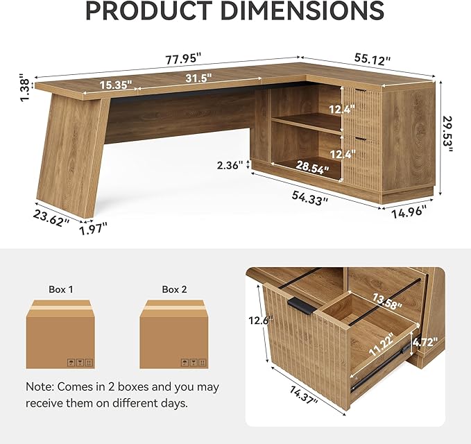 LITTLE TREE 78-Inch L-Shaped Executive Desk, Modern Desk with Drawers & File Cabinet, Large Walnut Office Workstation with Storage Shelves for Home Office