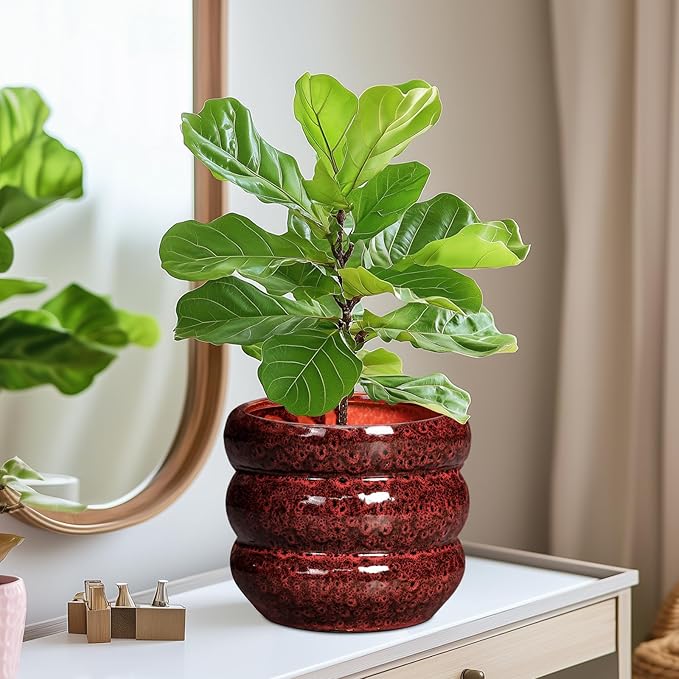 SQOWL Ceramic Flower Pots - 8 Inch Planter for Indoor Plants, Ceramic Plant Pot with Drainage Hole, Bubble Round Planter for Outdoor Plants, Office Home Desk Decor, House Warming Gifts, Red